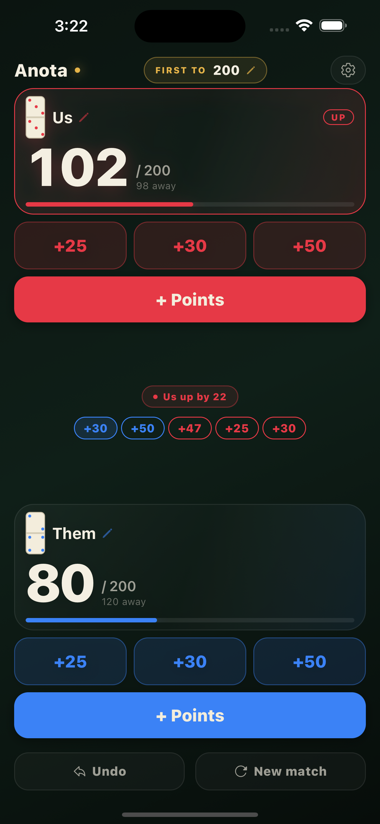 Anota scoreboard: two teams, scores, and round history on one screen